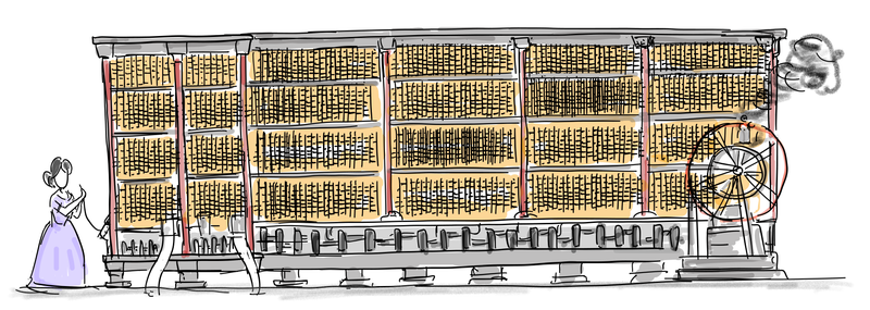 Ada stands beside a large imagined Analytical Engine with rows of gears and a drive wheel.