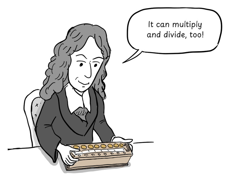 Leibniz demonstrates a mechanical calculator at a table.