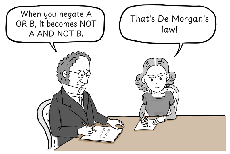 Augustus De Morgan explains a logical rule to Ada Lovelace as they write at a table.