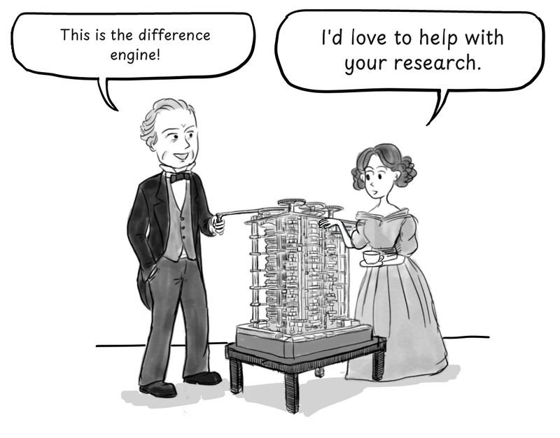 Charles Babbage presents the Difference Engine to Ada Lovelace, who holds a cup and gestures toward the machine.