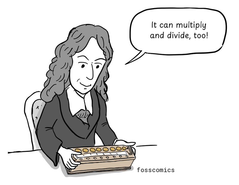 Leibniz demonstrates a mechanical calculator at a table.