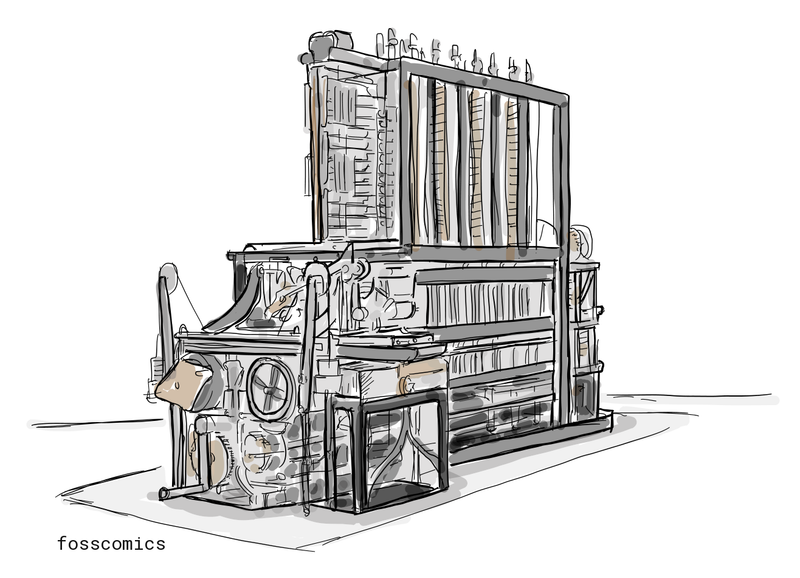A drawing of Difference Engine No. 2 shows its tall columns of gears and calculating mechanism.