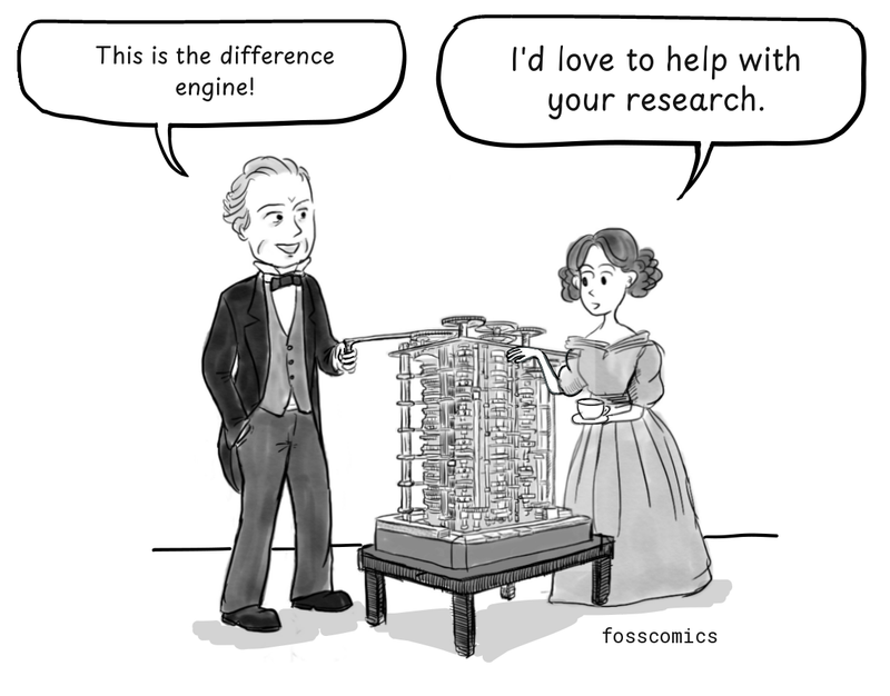 Charles Babbage presents the Difference Engine to Ada Lovelace, who holds a cup and gestures toward the machine.