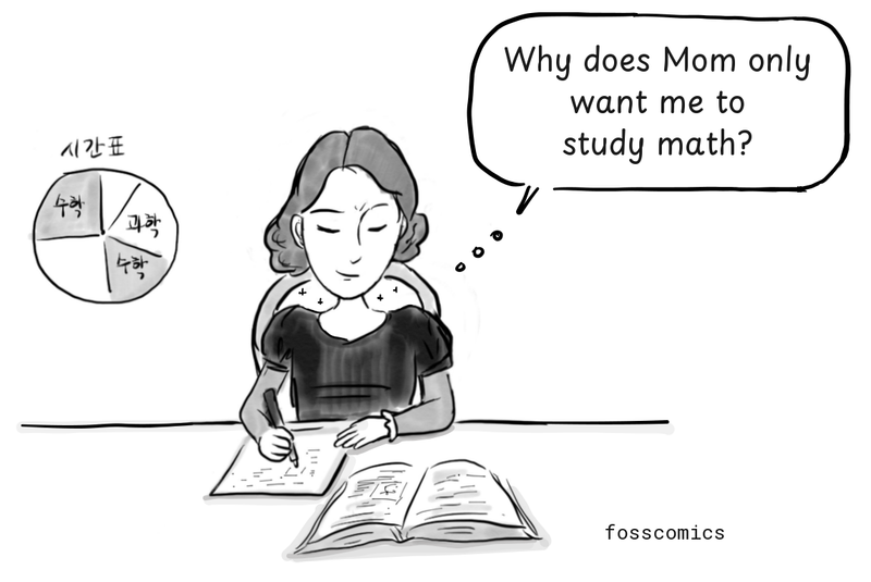 Ada studies beside a schedule labeled in Korean with mathematics and science.