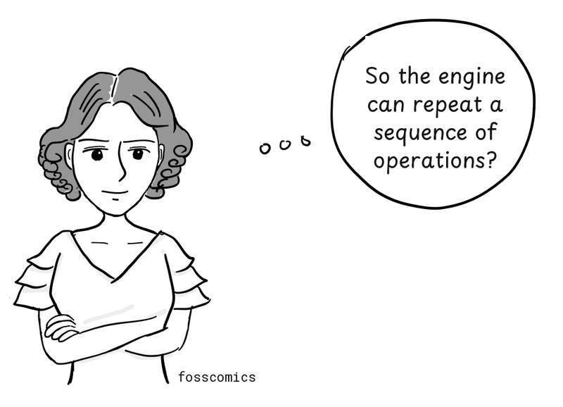 Ada Lovelace stands with her arms folded as she considers how the Analytical Engine could repeat operations.