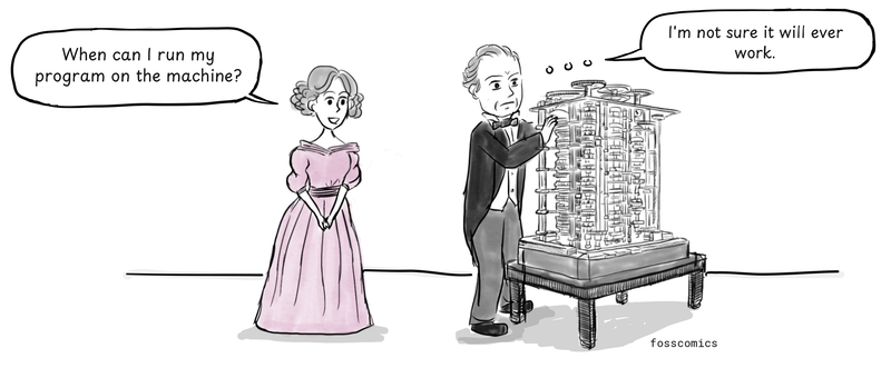 Ada Lovelace watches as Charles Babbage examines the unfinished Difference Engine.