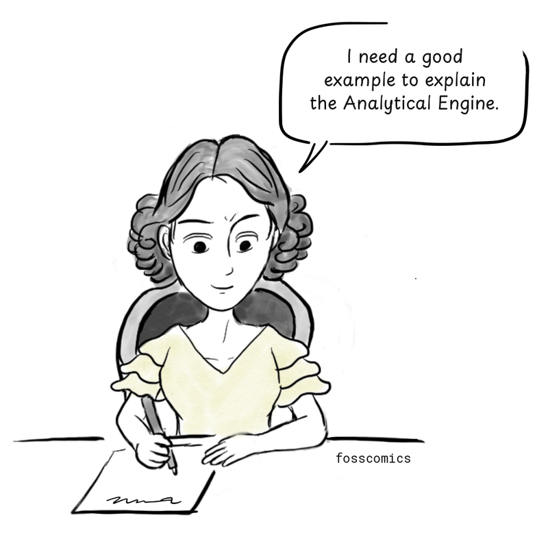 Ada Lovelace sits at a desk and writes notes about the Analytical Engine.