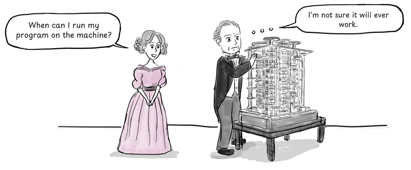 Ada Lovelace watches as Charles Babbage examines the unfinished Difference Engine.
