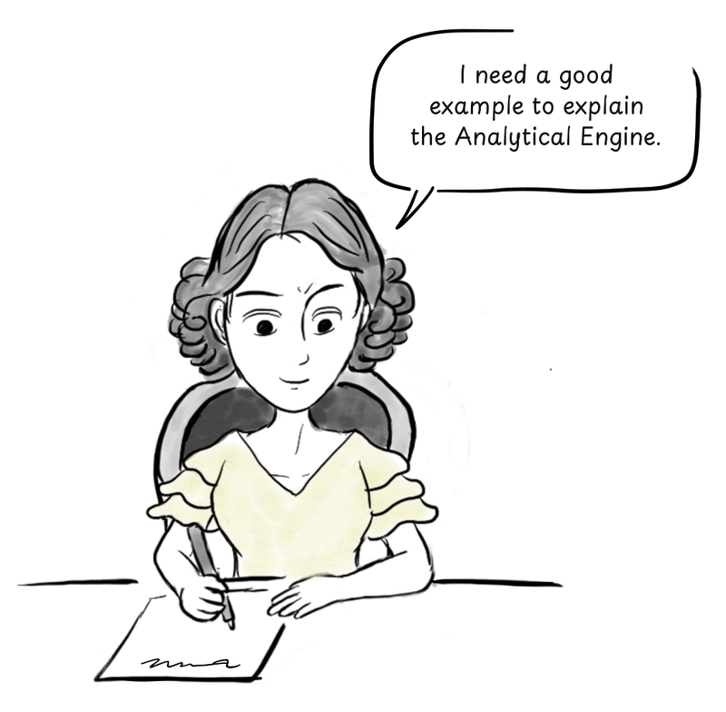 Ada Lovelace sits at a desk and writes notes about the Analytical Engine.