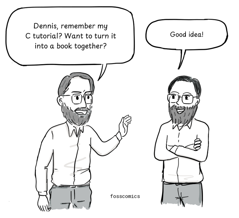 Kernighan makes a suggestion; Ritchie smiles with his arms folded.