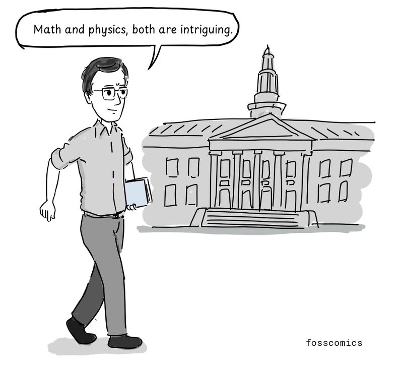 Dennis walks past a university building, carrying books.