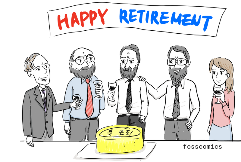Colleagues gather around a cake to celebrate Ritchie's retirement.