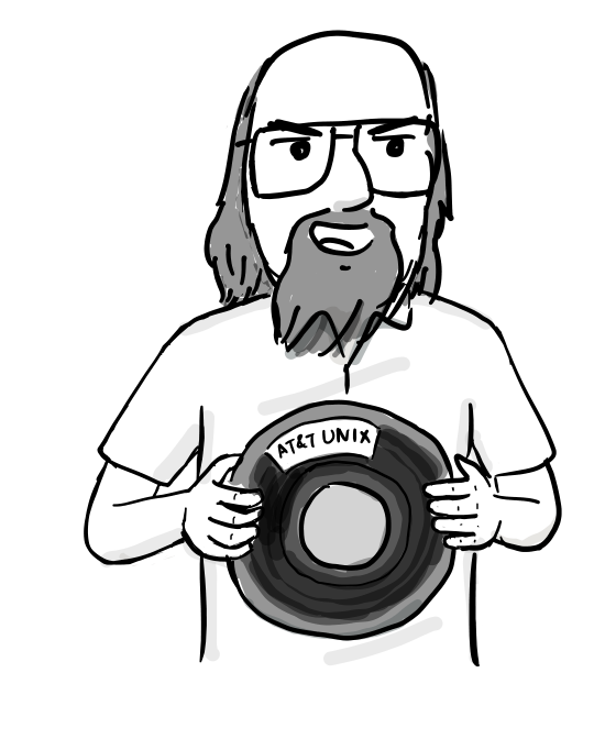 Ken Thompson holds a reel of magnetic tape labeled AT&T UNIX.