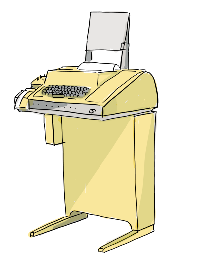 A yellow Teletype Model 33 with a keyboard and paper roll.