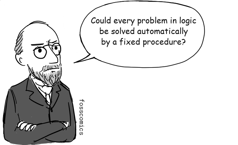 David Hilbert stands with his arms folded beside a speech bubble.