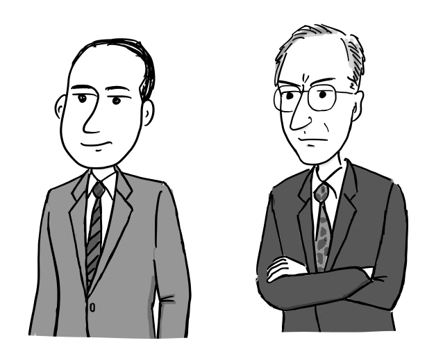 J. Presper Eckert and John Mauchly stand side by side; Mauchly folds his arms.