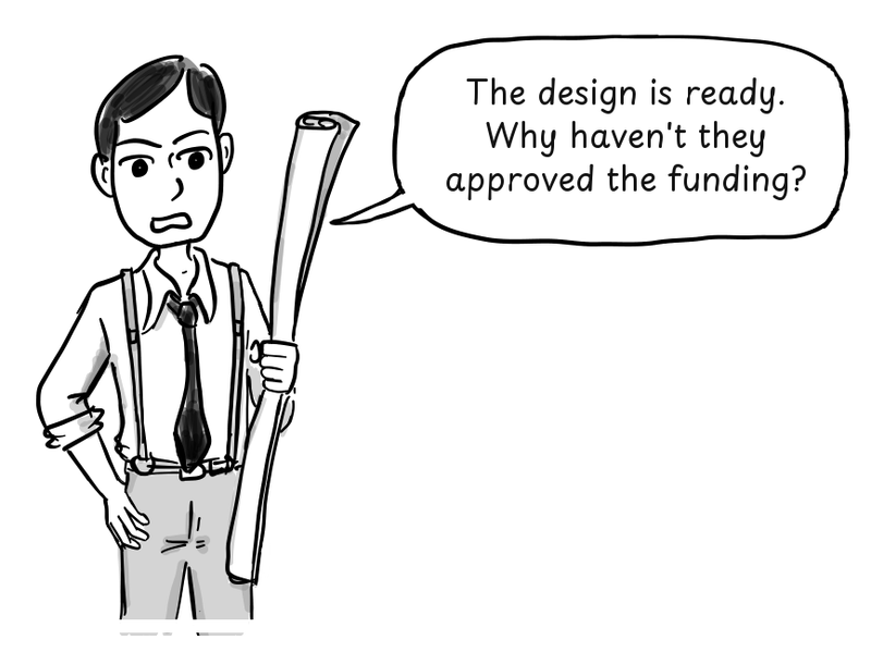 Alan Turing holds a rolled blueprint with a frustrated expression.