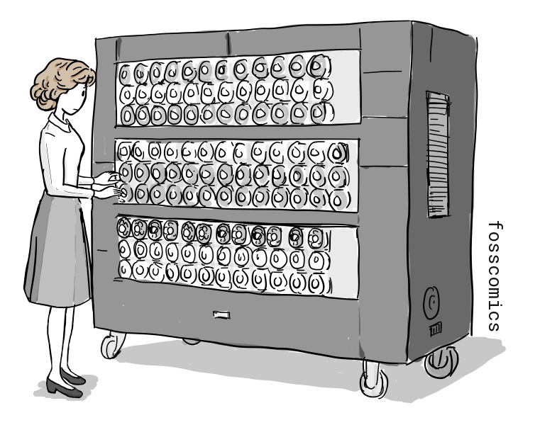 A woman operates rows of rotating drums on a large British Bombe machine.