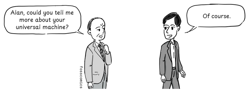 John von Neumann and Alan Turing face one another in conversation.