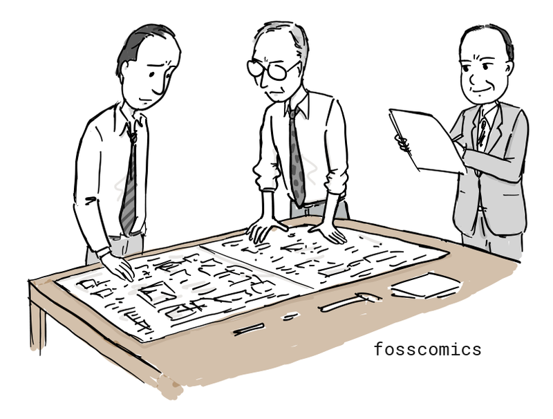 J. Presper Eckert and John Mauchly examine the EDVAC plans while John von Neumann takes notes nearby.
