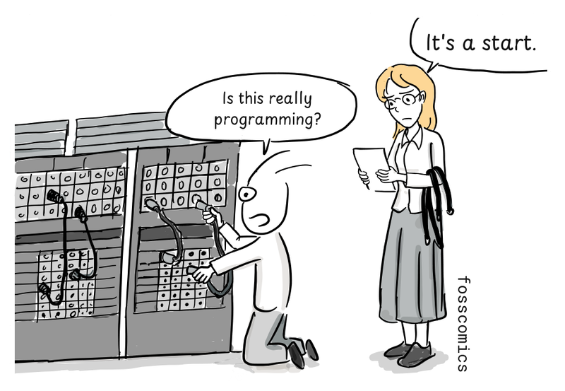 A programmer reconnects cables on ENIAC's plugboards while a colleague checks notes.