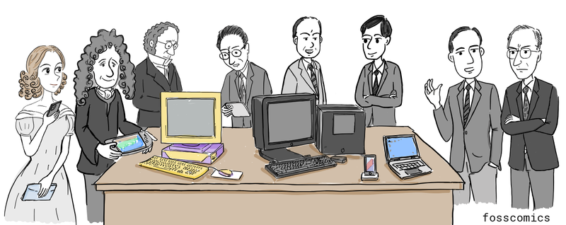 Historical computing figures gather around a table of desktop computers, a laptop, smartphones, and a handheld game console.