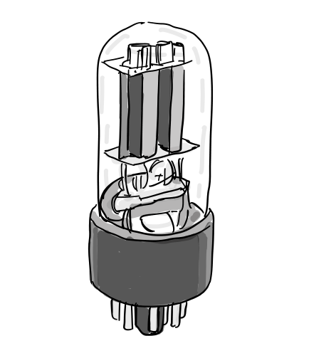 A vacuum tube has metal electrodes inside a glass envelope and connector pins below its base.