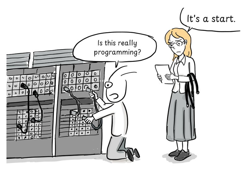 A programmer reconnects cables on ENIAC's plugboards while a colleague checks notes.