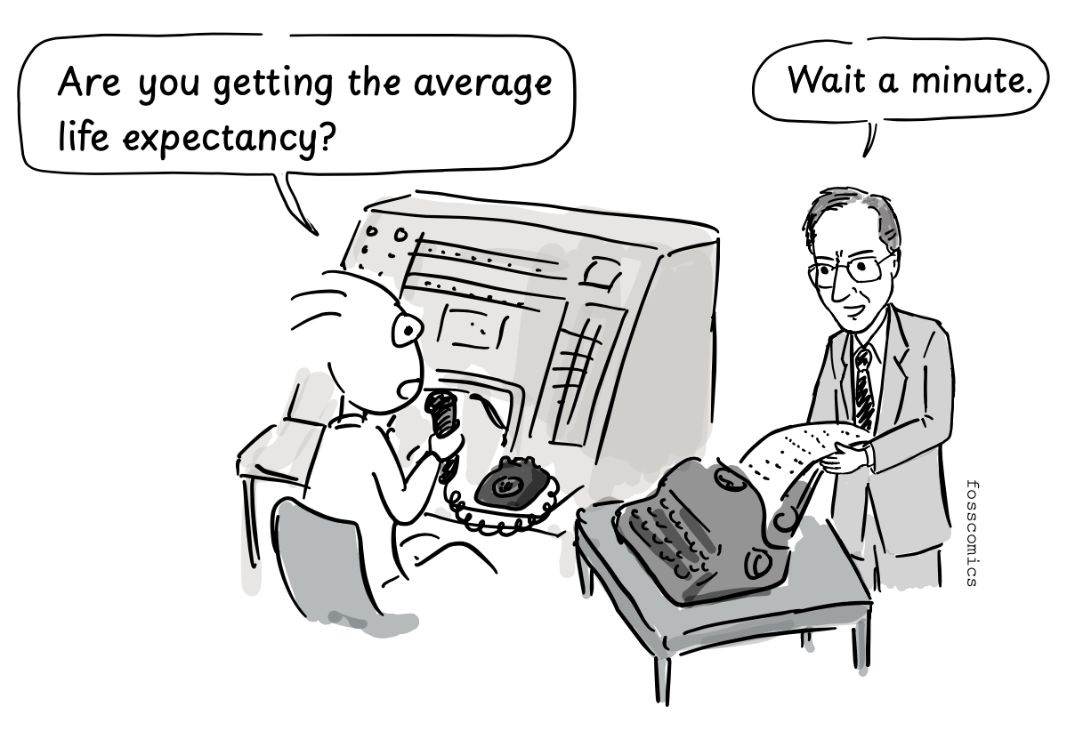 Two employees of the U.S. Census Bureau are using the UNIVAC to calcuate the average life expectancy
