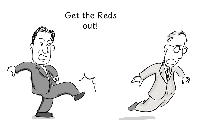 Senator Joseph McCarthy kicks John Mauchly away.