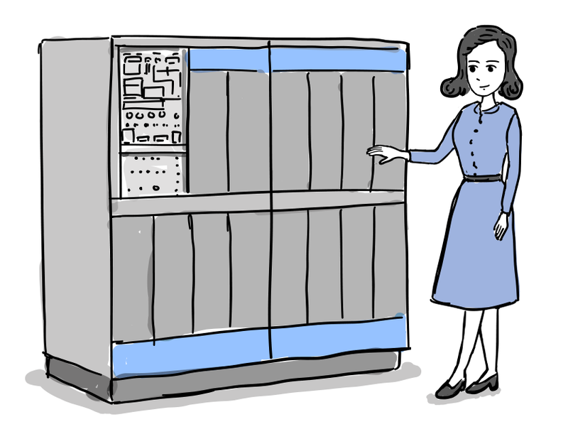 A woman stands beside an IBM 1401 mainframe.