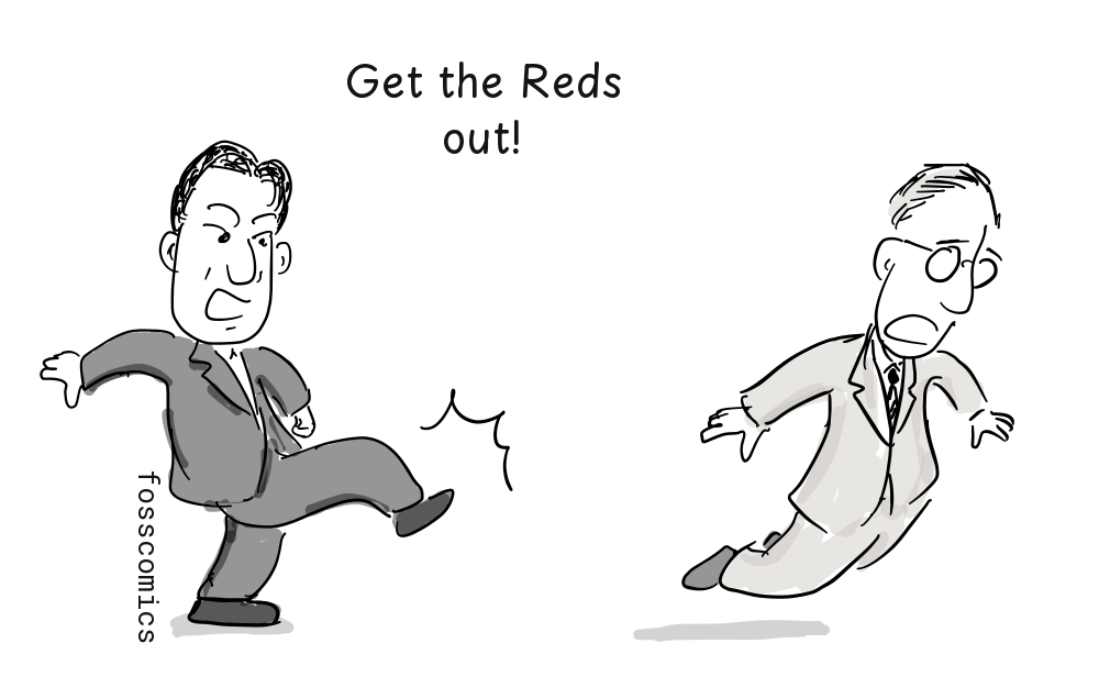 Senator Joseph McCarthy kicks John Mauchly away.