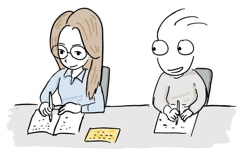 Joone glances sideways and secretly copies another programmer's handwritten code before it is entered onto a punched card.