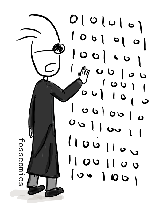 A programmer in dark glasses studies rows of binary digits.