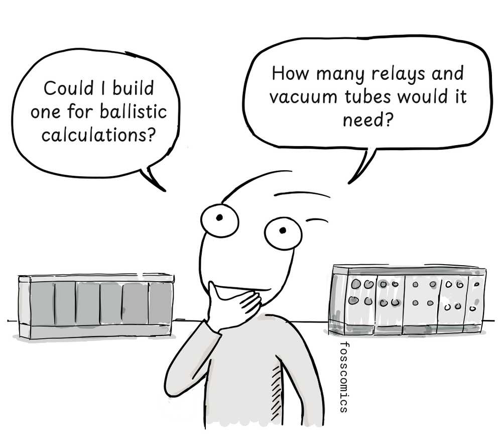 An engineer studies two banks of wartime computing equipment while considering a purpose-built computer for ballistic calculations.