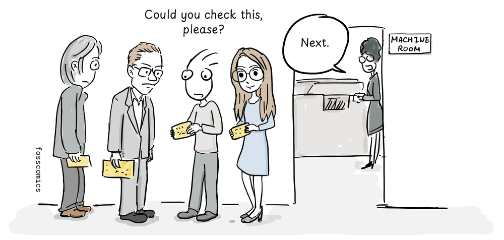 Four programmers queue with punched cards while an operator accepts jobs at the machine-room window.