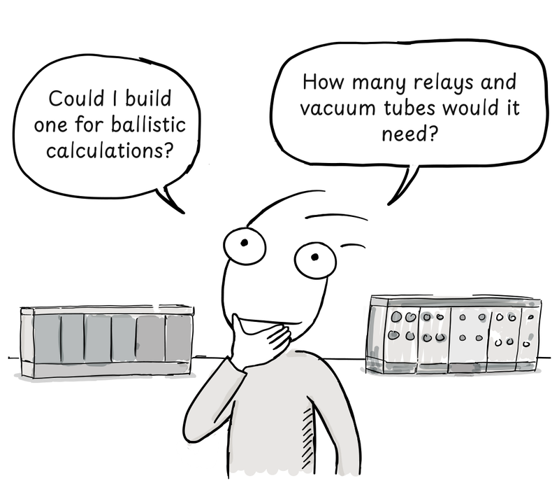 An engineer studies two banks of wartime computing equipment while considering a purpose-built computer for ballistic calculations.