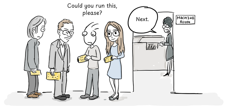 Four programmers queue with punched cards while an operator accepts jobs at the machine-room window.