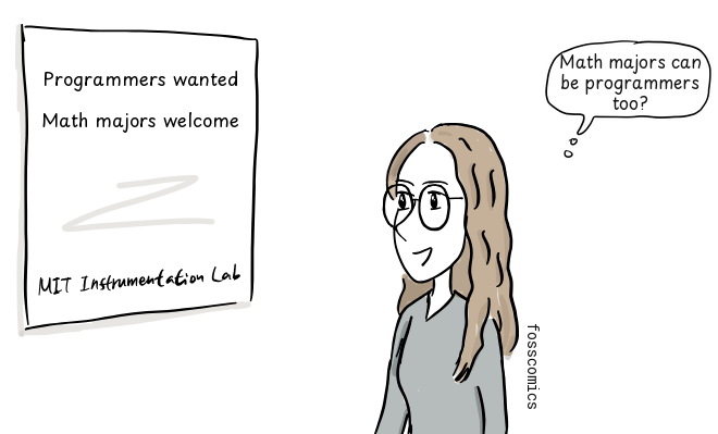 Margaret Hamilton looks at a MIT Instrumentation Lab recruitment poster that reads "Programmers wanted" and "Math majors welcome".