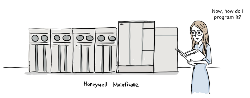 A programmer holding a manual looks uncertain beside a Honeywell mainframe.