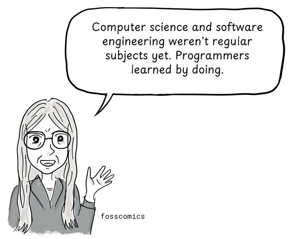 Margaret Hamilton gestures while explaining how early programmers learned their work.