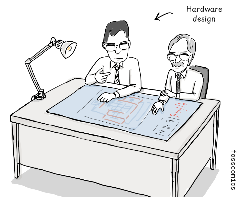 Two male hardware engineers review a large blueprint spread across a table under the label Hardware design.