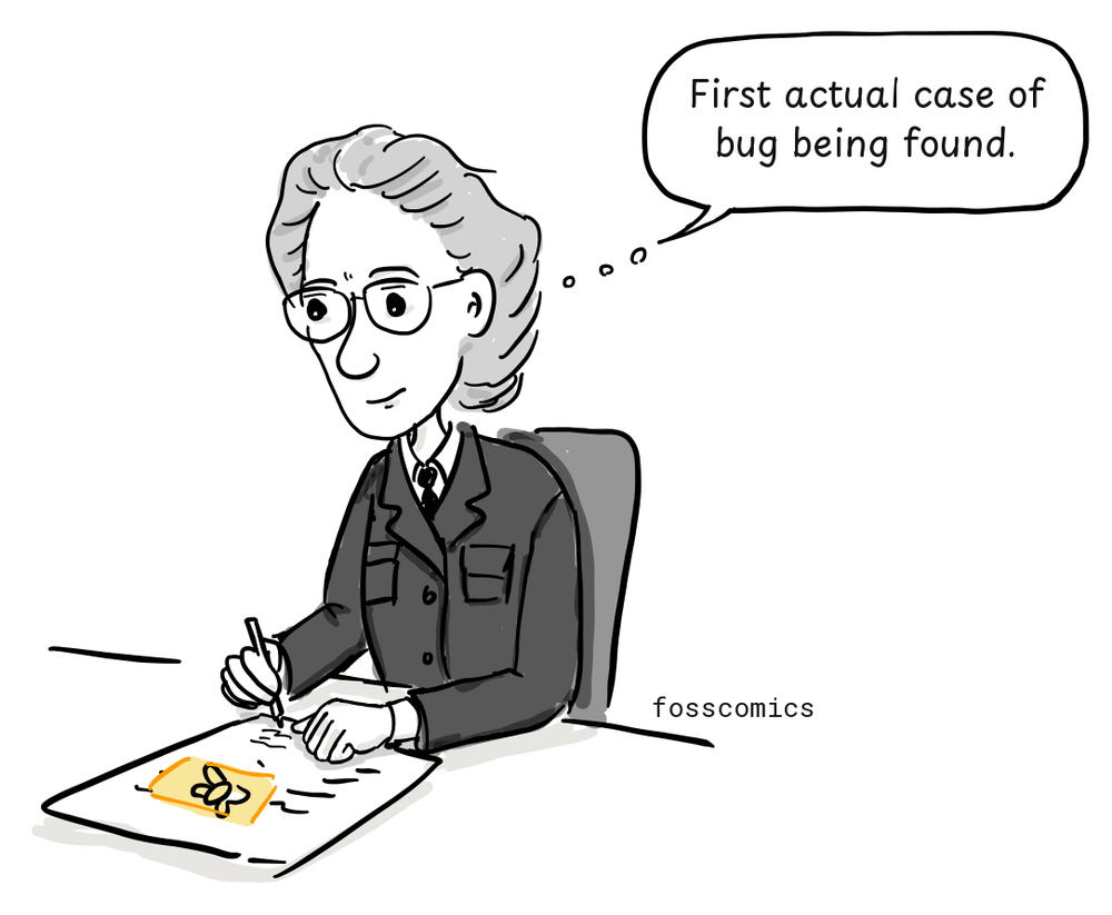 Grace Hopper tapes the moth into the team's logbook and writes beside it.