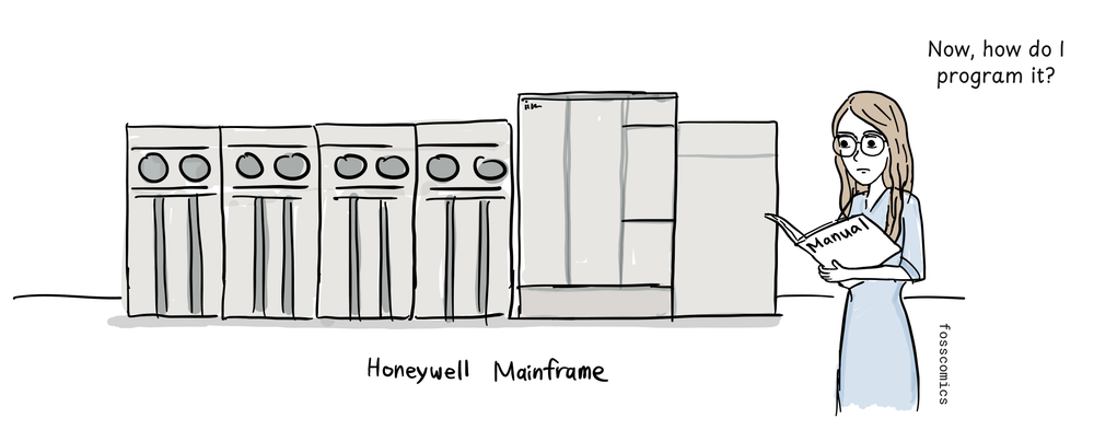 A programmer holding a manual looks uncertain beside a Honeywell mainframe.