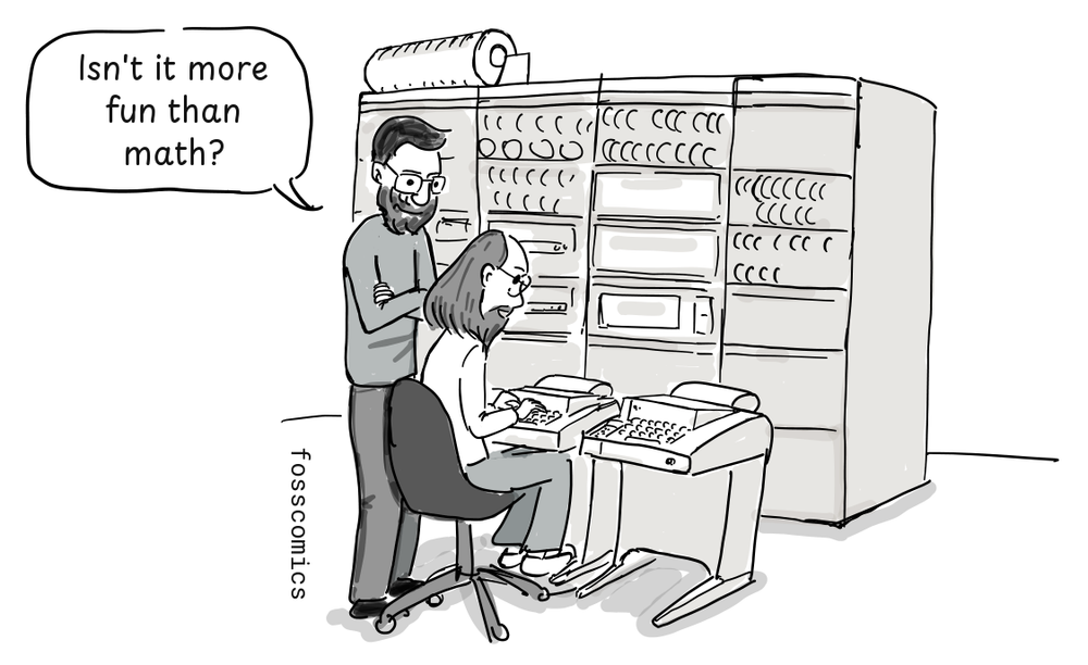 Dennis Ritchie watches a programmer working at a console in front of a mainframe.