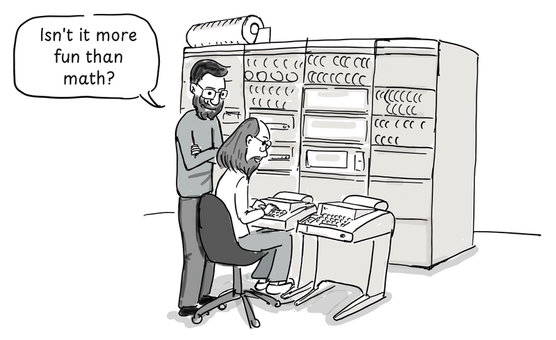 Dennis Ritchie watches a programmer working at a console in front of a mainframe.