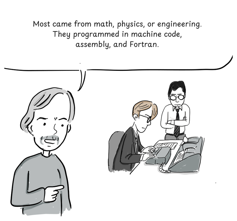Raymond points toward two formally dressed programmers working at a large console.