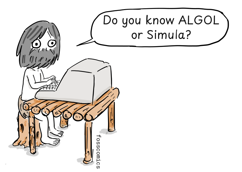 A bearded programmer works at a computer set on a rough log table.