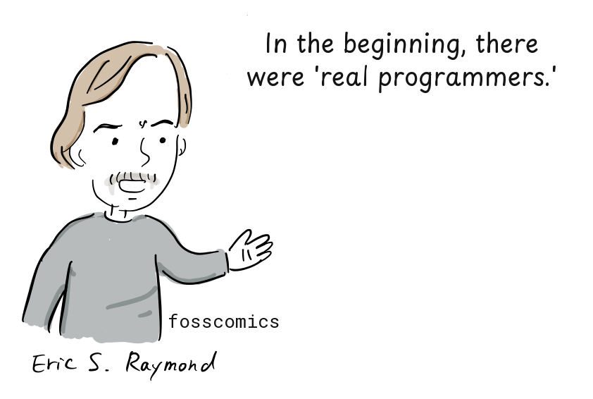 Eric S. Raymond gestures as he introduces his retrospective account of early programmers.