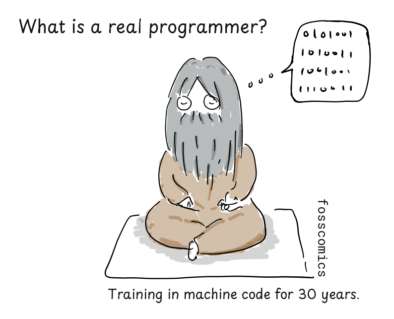 A long-haired, bearded programmer sits cross-legged and imagines rows of binary digits.